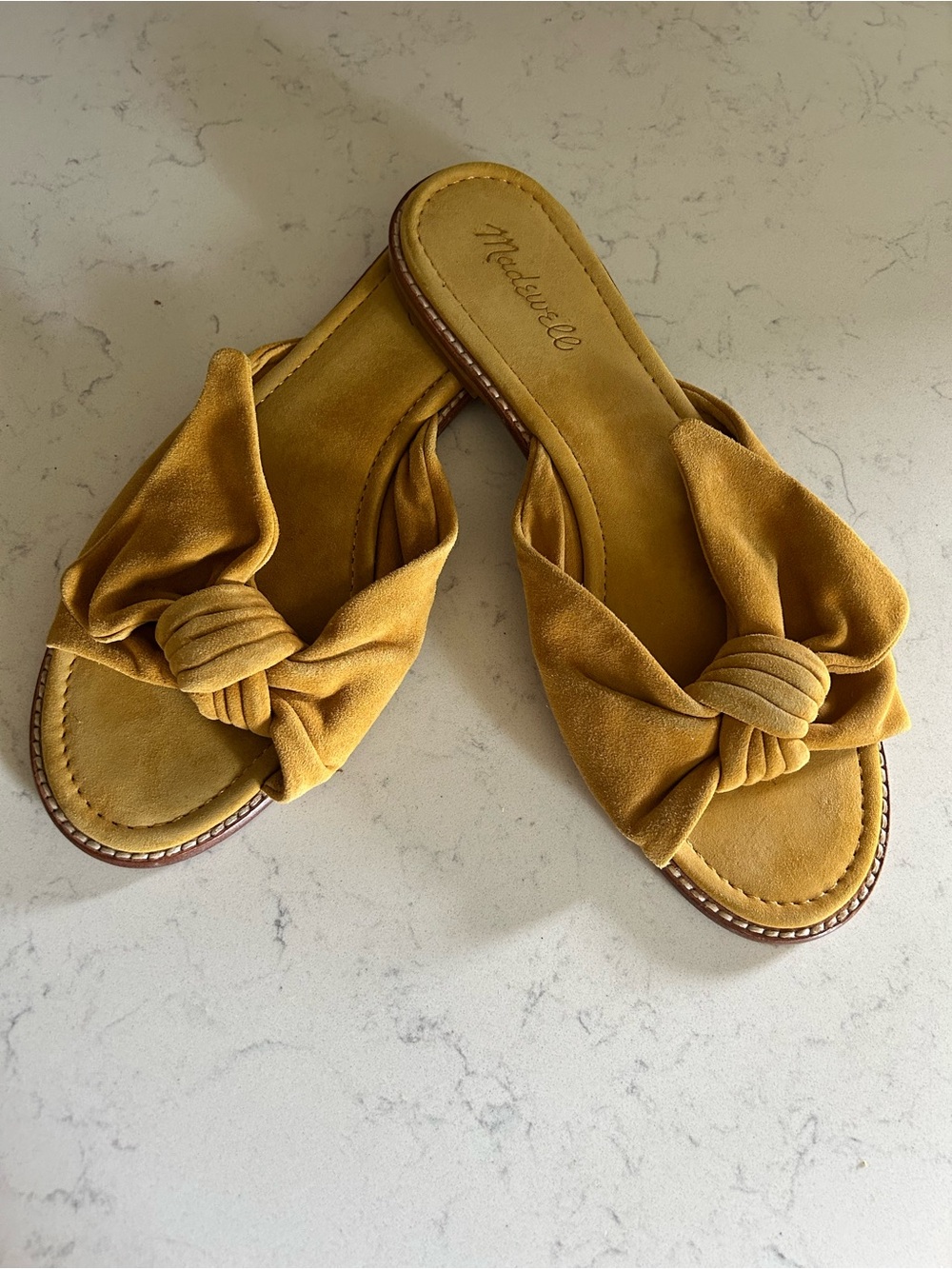 Madewell Suede Half Bow Tan Mustard Slip On Slide Sandals - Picture 13 of 16